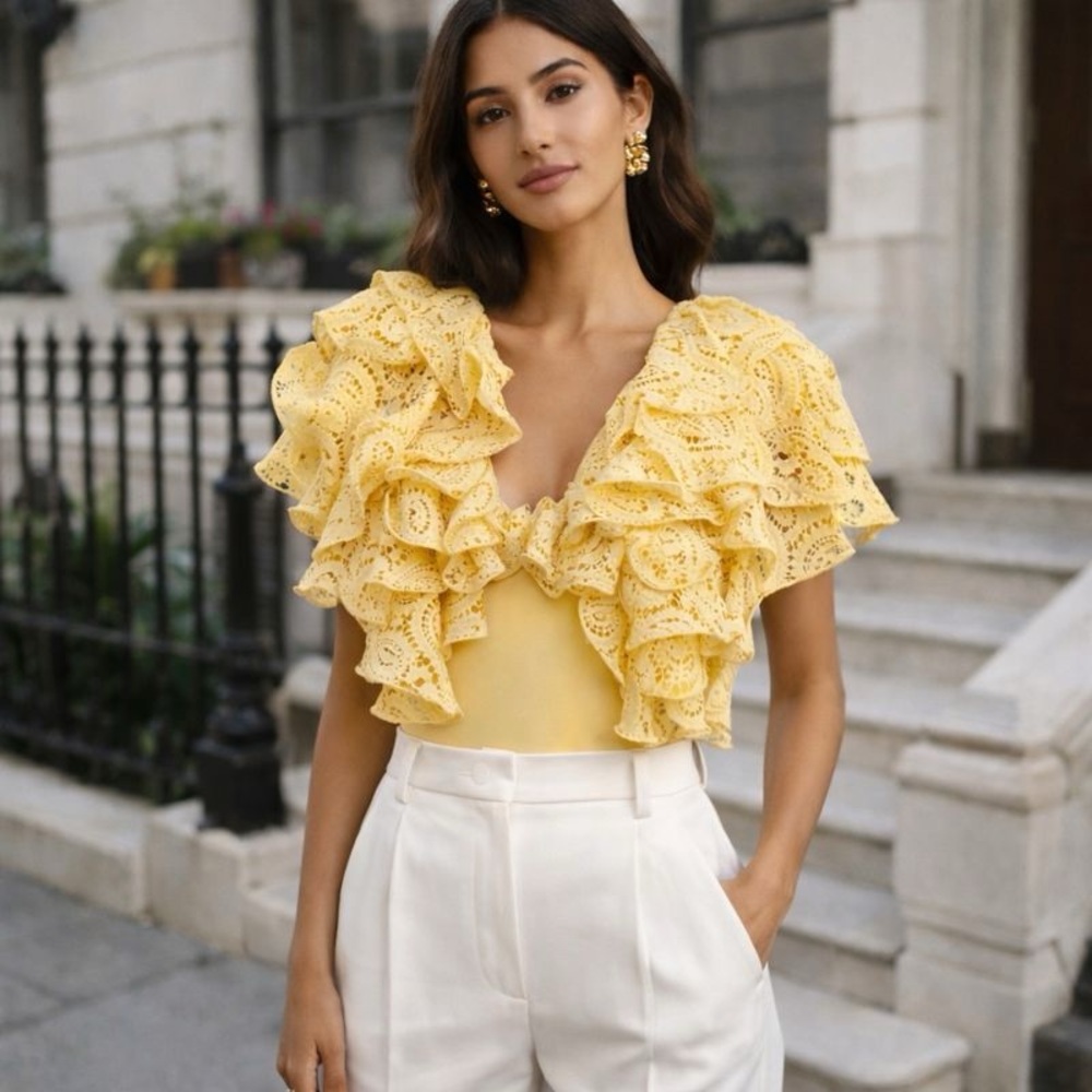 Rotate yellow eyelet crochet lace tiered sleeve bodysuit size 34 New Flirty Fun